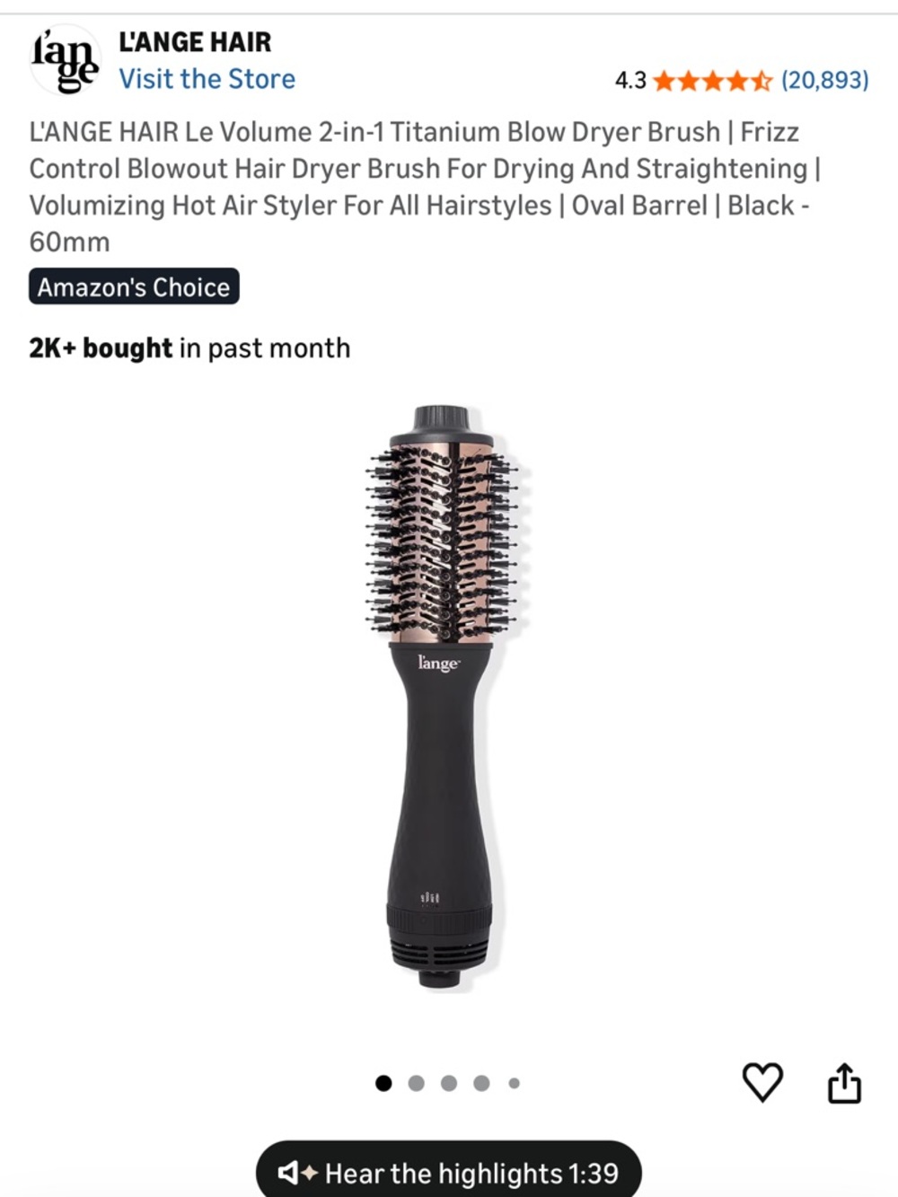 L'ange Le Volume 2-in-1 Titanium Blow Dryer Brush in Black & Rose Gold